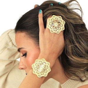 Gold Carved Flower Chunky Cuff Adjustable Bracelet & Ring Set, Boho Style Full Finger Big Ring, Extra Large Ring, Adjustable Statement Ring