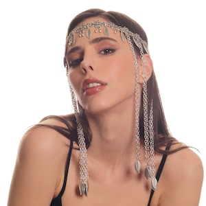 Antique Silver Chain Tassel Leaf Charm Detailed Design Hair Chain, Hair Accessories , Boho Style Head Chain For Women, Ottoman Headpieces