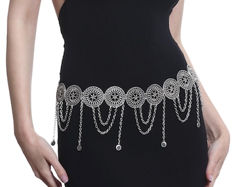 Antique Silver Plated Filigree Floral Motif Round Piece Waist Belt | Boho Style Waist Necklace |  Personalized Gift for Her