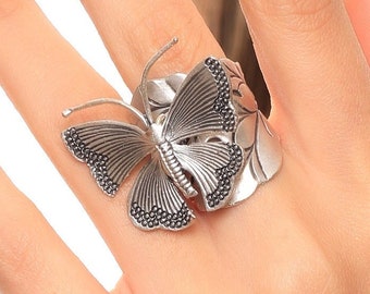 Antique Silver Adjustable Butterfly Linked Ring For Women, Handmade Ring, Statement Ring, Embosse Textured Open Wide Leaf Band Additive Ring