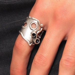 Men&#39;s Antique Silver Open Wide Band Adjustable Wrapped Ring, Statement Brass Ring, Handmade Ring, Scroll Ring, Carved Ring, Biker Ring