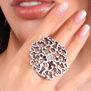 Antique Silver Plated Adjustable Flor Ring,Full Finger Ring, Boho Ring,Large Statement Ring, Engraved Flower Ring,Filigree Ring, Chunky Ring
