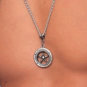 Antique Silver Wheel of Dharma Necklace, Oxidized Men&#39;s Pendant Necklace, Chain Necklace, Buddhism Statement Necklace, Religious Necklace