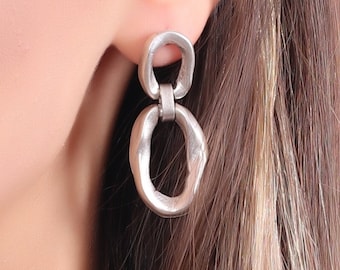 Antique Silver Plated Cuban Curb Chain Link Stud Earrings, Silver Dangle Link Earrings, Cable Link Drop Earrings, Abstract Modern Earrings