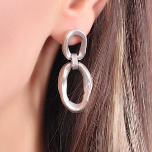 Antique Silver Plated Cuban Curb Chain Link Stud Earrings, Silver Dangle Link Earrings, Cable Link Drop Earrings, Abstract Modern Earrings