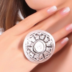 Antique Silver Adjustable Oval Ring, Full Finger Ring, Boho Style Ring, Large Statement Ring, Textured Oversize Ring, Chunky Ring