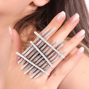 Antique Silver Adjustable Hammered Bar Ring, Full Finger Ring, Oversize Boho Ring, Large Statement Ring, Big Fence Ring,Aestetic Chunky Ring