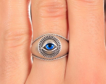 Antique Silver Adjustable Evil Eye Ring, Statement Ring, Handmade Silver Open Ring, Boho Style Blue Evil Eye Brass Ring For Men