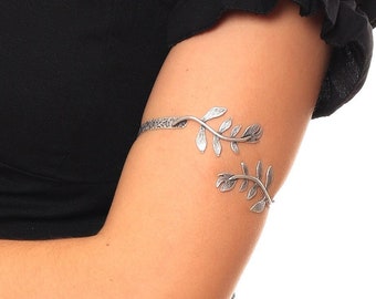 Antique Silver Open Band Adjustable Metalwork Cuff Bracelet, Lower Leaf Arm Cuff, Boho Bracelet, Double Branch Bangle, Vintage Bracelet