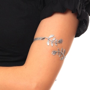 Antique Silver Open Band Adjustable Metalwork Cuff Bracelet, Lower Leaf Arm Cuff, Boho Bracelet, Double Branch Bangle, Vintage Bracelet