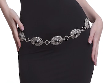 Antique Silver Plated Black Beaded Bohemian Handmade Adjustable Waist Belt, Waist Necklace For Women