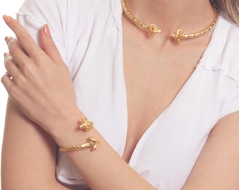 22 K Matte Gold Plated Ram Head Cuff Bracelet&Open Necklace Set, Adjustable Matte Gold Ram Bracelet, Animal Cuff Bracelet, Baphomet Bracelet