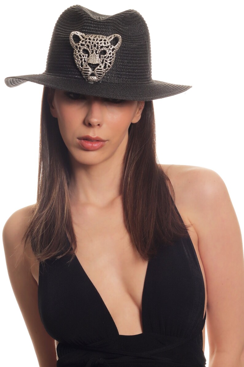 Sombreros bohemios para festivales de playa, sombreros de paja para el sol en verano, sombreros de vaquero bohemios para mujer, sombrero de paja negro con estampado de leopardo y metal plateado antiguo. imagen 3