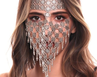 Antique Silver Face Chain For Ladies, Face Veil Mask, Handmade Face Accessory,Face Jewelry,Oriental Head Jewelry,Arabic Style Face Jewelry,