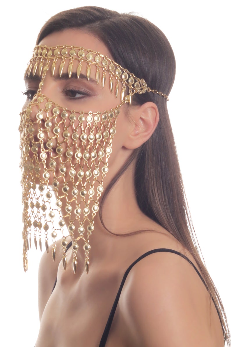 Gold Plated Handmade Face Chain For Ladies, Face Veil Mask, Handmade Face Accessory, Oriental Head Jewelry, Arabic Style Metal Chain image 3