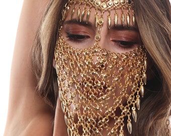 Chaîne en or pour femme, masque voile, accessoire visage fait main, bijoux de tête orientaux, bijoux de visage chaîne en métal de style arabe