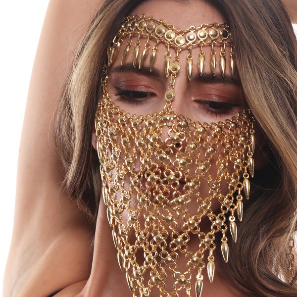 Gold Gesichtskette für Damen, Gesichtsschleier Maske, handgemachtes Gesichtsaccessoire, Orientalischer Kopfschmuck, arabischen Stil Metallkette Gesichtsschmuck