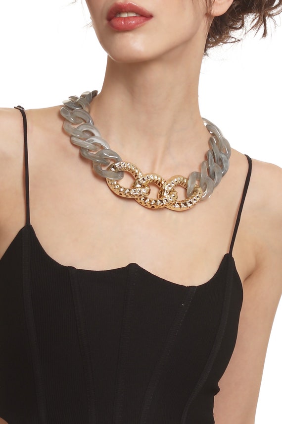 Marble Print Grey Statement Necklace, Chunky Tortoise Shell