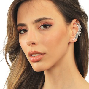 Angel Wing Ear Cuff, Single Angel Wing Stud Cuff Earring, Angel Wing Ear Wrap, Brass Ear Cuff Antique Silver Plated, Left Ear Cuff For Women image 2