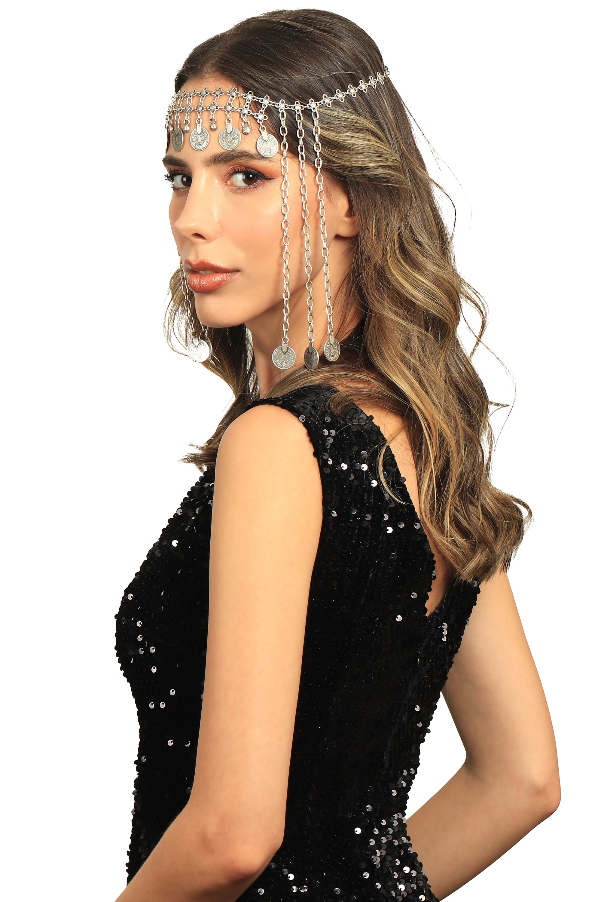 Vintage Silver-Tone Chain Hair Accessory with Black Accents Black Crystal Catery Head Chain - Vintage Pendant Hair  main image 2