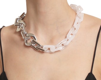 Silver and White Marble Print Tortoise Shell Chunky Chain Link Statement Necklace, Resin Acrylic Link Chain, Necklace and Dangle Earrings