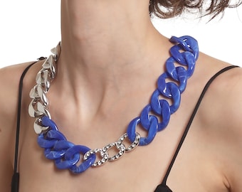 Silver and Midnight Blue Marble Print Tortoise Shell Chunky Link Chain Necklace With Zircon Stone, Statement Adjust Acrylic Link Necklace