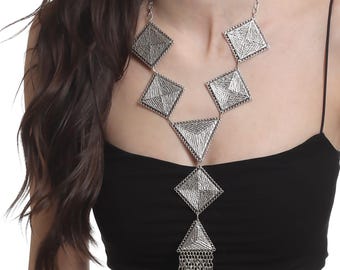 Antique Silver Plated Tree Bark Embossed Look Geometric Piece Tassel Detailed Boho Style Design Handmade Adjustable Bib Necklace
