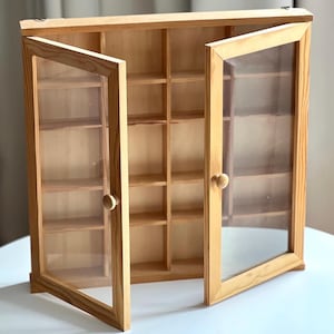 Square vintage wooden curio shelf with doors for displaying small Knick knacks or miniatures, vintage cubby shelf, Wood cubby shelf vitrine