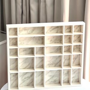 Vintage White painted Wooden Curio Shelf or Cubby Shelf with Marble Optik backing for displaying Knick Knacks, miniatures or small objects