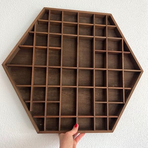 Hexagonal wooden vintage curio shelf for displaying small Knick knacks or miniatures, vintage cubby shelf, hexagon Wooden Shadow Box