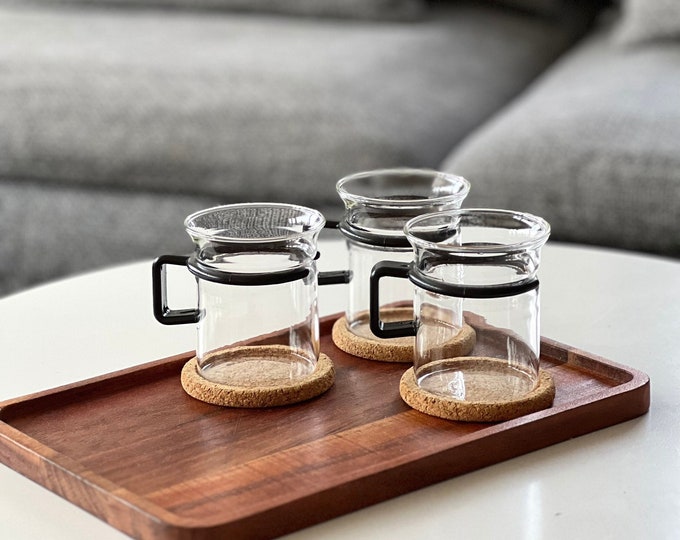 Set of 3 Vintage Black 80s Bodum Glass Tea Cups With Cork Coasters