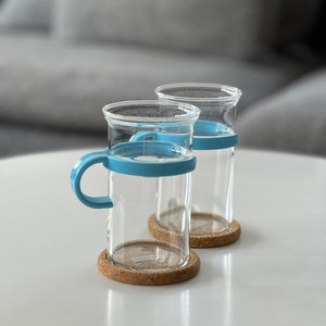 Vintage Bodum Picard Tea Glasses With Holders Set of 2 Cups Blue