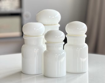 Vintage Belgian white milk glass Apothecary bottles or containers with bubble lid