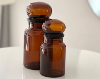 Vintage 70s Belgian Amber Glass Apothecary Jar: Retro Kitchen Storage container