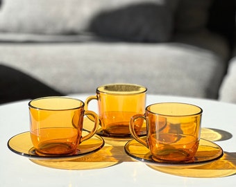 Set of 3 Vintage Vereco France Amber Glass Tea Cups and Saucers