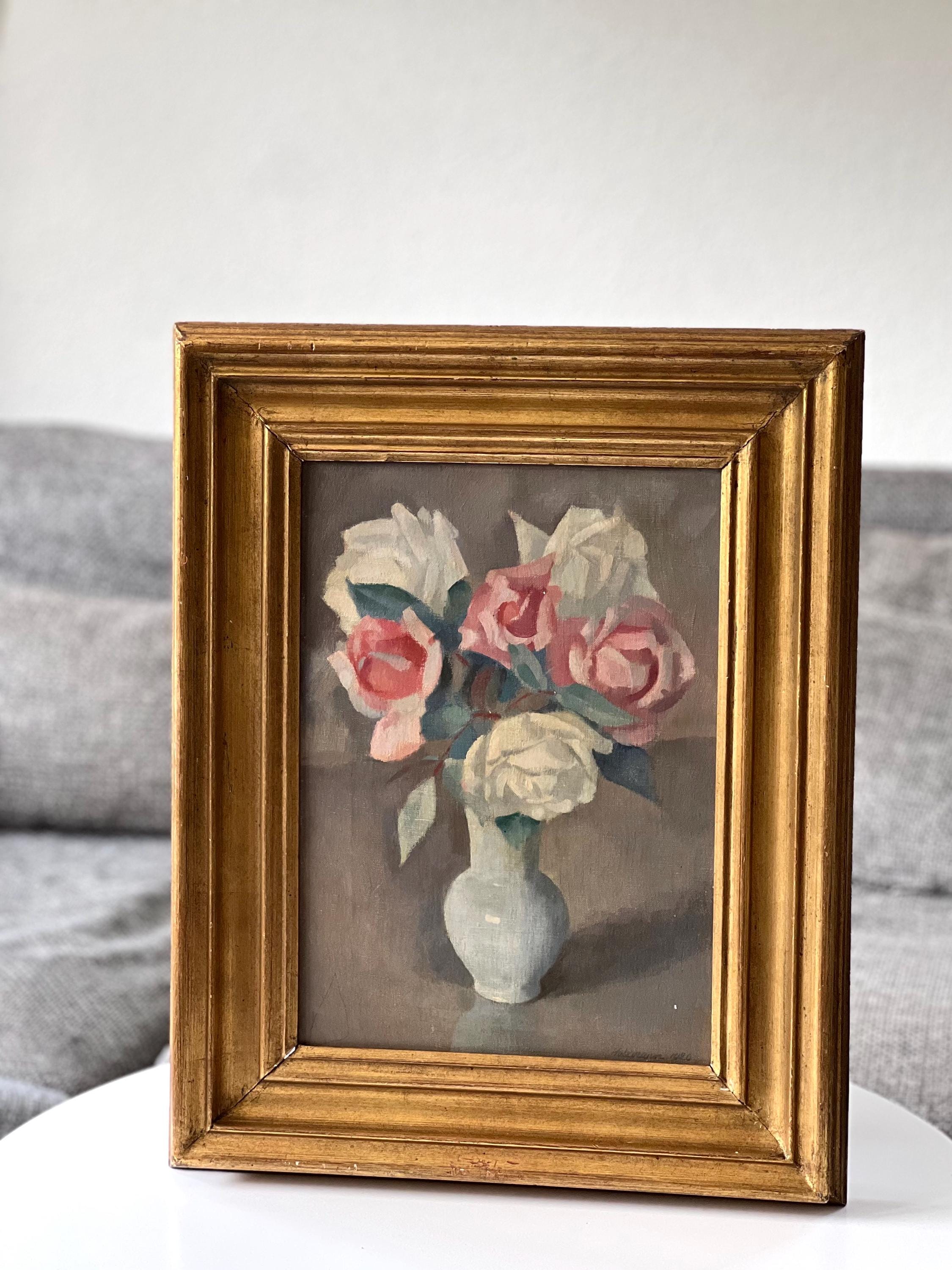 美品　LABELS　洋書　THOMAS W. OATMAN ヴィンテージ Vintage 1920 Swiss Floral Oil Painting Canvas by Adolf Holzmann