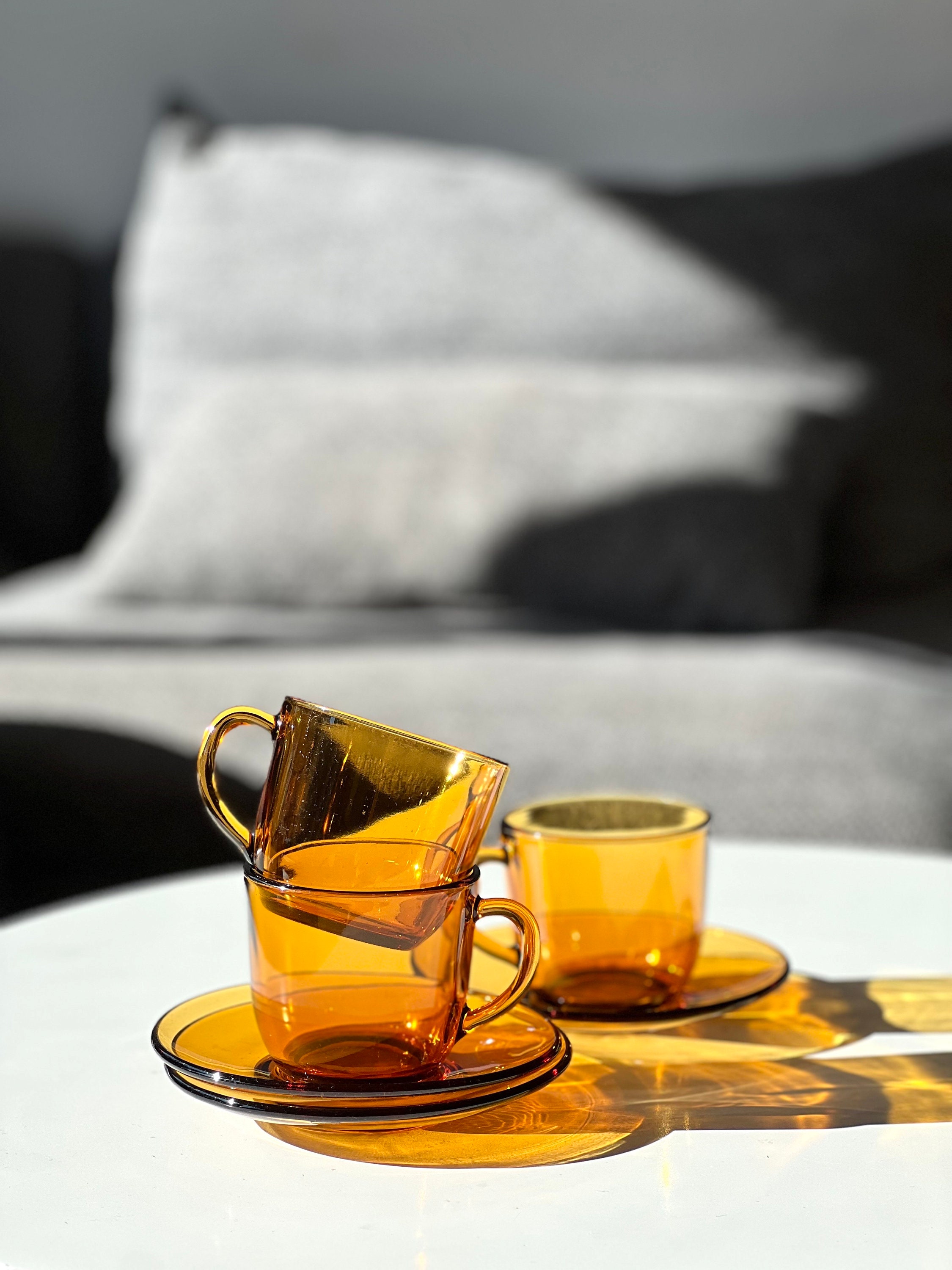 Set of 3 Vintage Vereco France Amber Glass Tea Cups and Saucers - Etsy