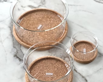 Set of 3 Vintage Bodum Hot Pot glass serving bowls with cork coasters