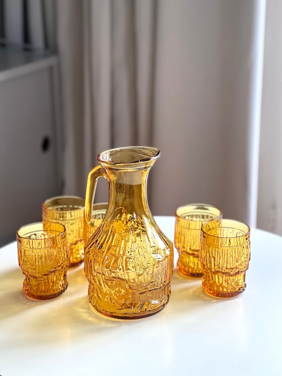 Vintage 70s Bormioli Amber Glass Carafe and Glasses Set, Brutalist