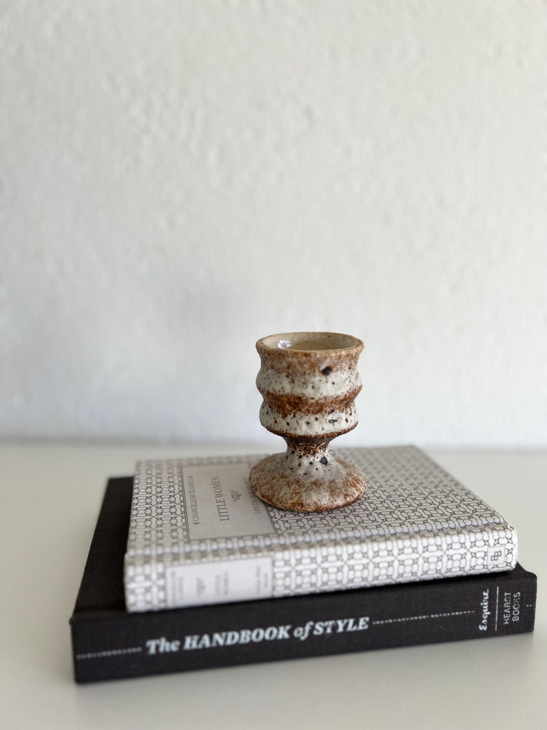 Pu&ograve; includere: Una piccola tazza in ceramica bianca con macchie marroni &egrave; appoggiata su due libri. Il libro superiore ha una copertina bianca con un motivo geometrico ripetitivo e il testo "Little Women" sul dorso. Il libro inferiore ha una copertina nera con il testo "The Handbook of Style" sul dorso.
