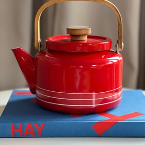 Vintage Red Copco-Style enamel Teapot with wooden handle and white stripes
