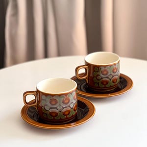 Set of 2 Vintage Hornsea &quot;Bronte&quot; coffee cups and saucers, Made in England, English Hornsea Bronte cups, Brown Hornsea retro 70s tea cup set