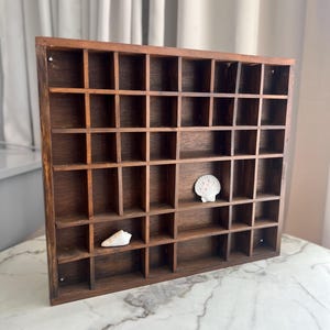 Op de afbeelding: Een vintage houten display plank met tal van kleine compartimenten. De plank is donkerbruin van kleur en bevat twee schelpen. De plank staat op een marmeren oppervlak.