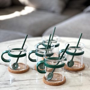 Vintage Bodum Bistro Tea Cup Set: Dark Green Glass, Coasters & Spoons