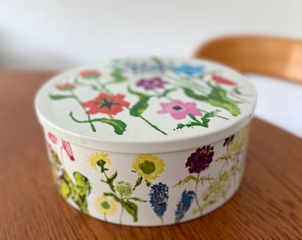 ヴィンテージのデンマークIRA製ブリキ缶、手描きのカラフルな春の花柄、1960年代のキッチン収納容器、B.Lapidのサイン入り