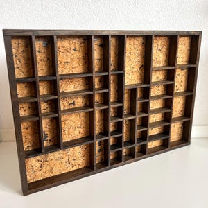 Rectangular wooden vintage curio shelf with cork backing for displaying small Knick knacks or miniatures, vintage cubby shelf, Shadow Box