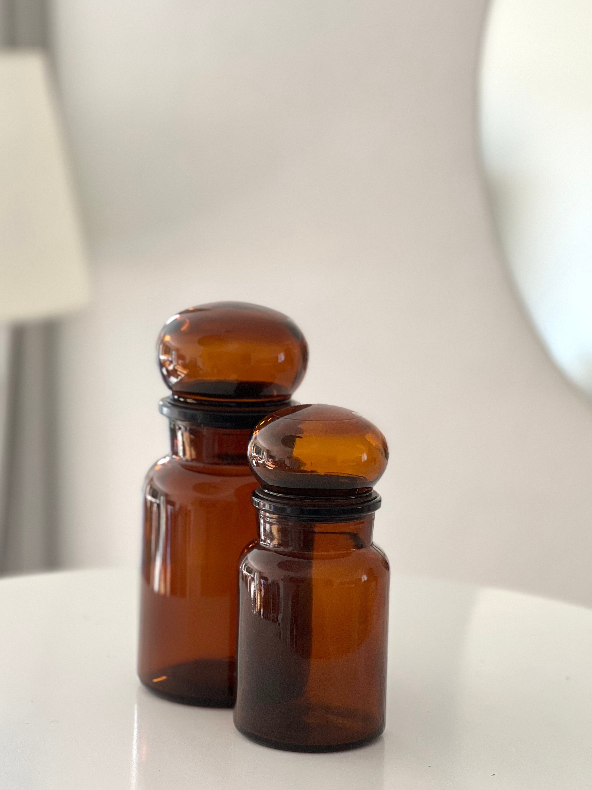 Vintage 70s Belgian Amber Glass Apothecary Jar: Retro Kitchen Storage container