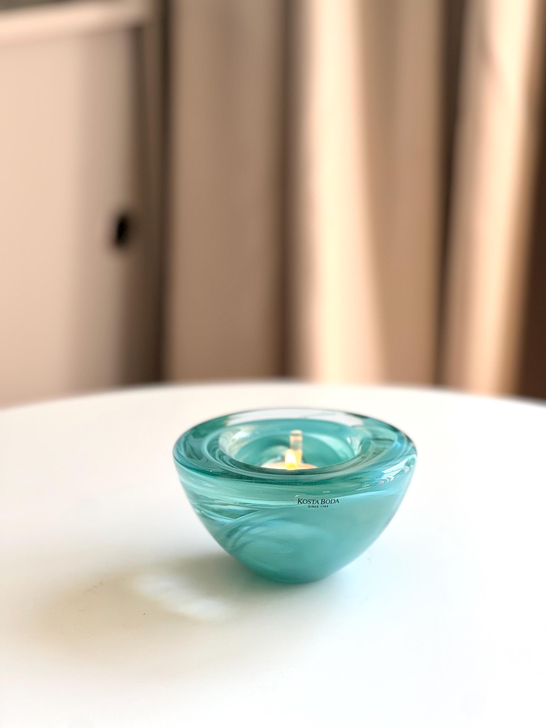 Kosta Boda Atoll Teal Swirl Bowl: Swedish Art Glass Candle Holder