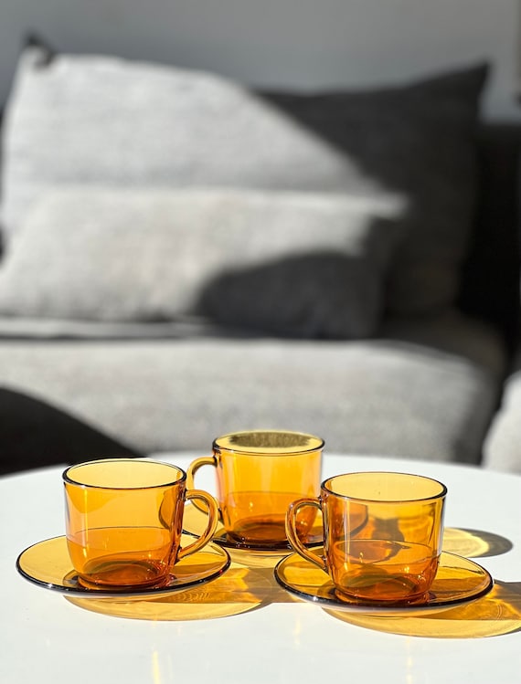 Set of 3 Vintage Vereco France Amber Glass Tea Cups and Saucers - Etsy