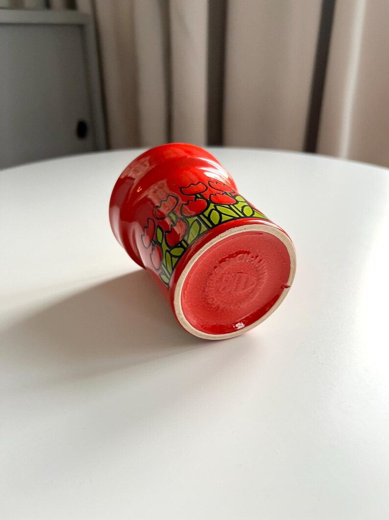 May include: Red ceramic mug with a floral design of red tulips and green leaves. The mug is turned upside down, showing the red bottom.